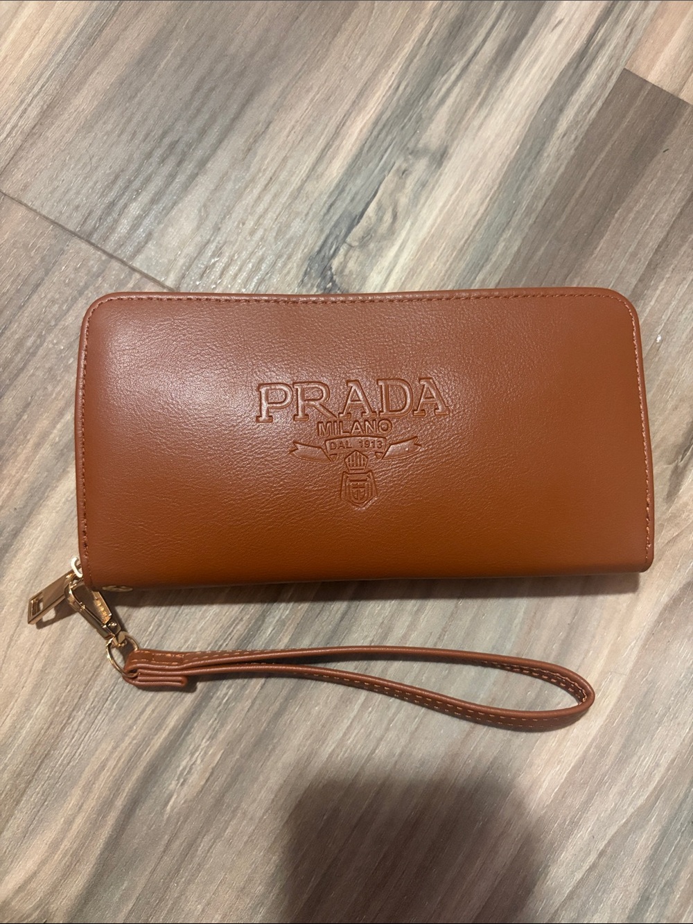 Prada Leather Zip Wallet Wristlet - Tan
